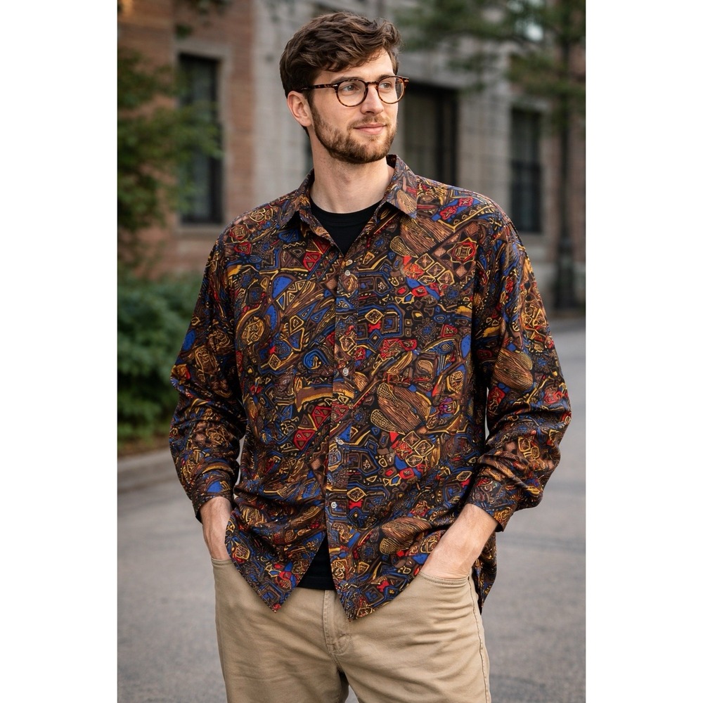 Vintage 90s‎ Geometric Artsy Rayon Button Up Shirt  Hipster Korea Mens Large